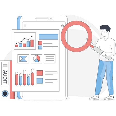 Hombre analizando información de auditoría  Ilustración