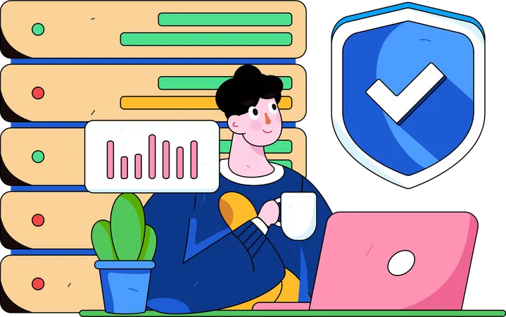 Hombre analizando la seguridad de los datos  Ilustración