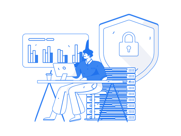 El hombre analiza la seguridad de los datos del servidor  Ilustración