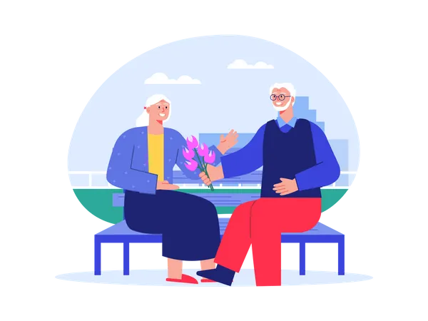 Hombre anciano dando flores a mujer anciana  Ilustración