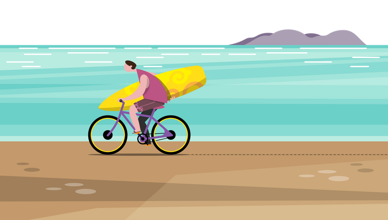 Hombre anda en bicicleta llevando una tabla de surf en la playa  Ilustración