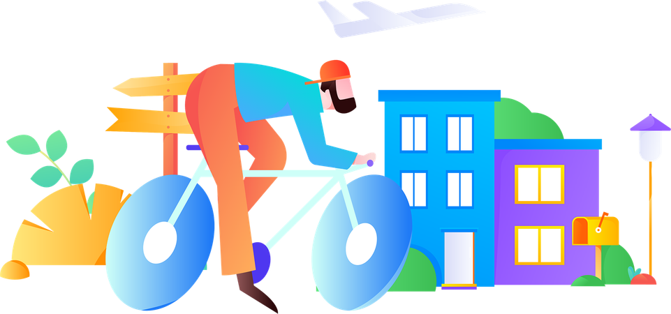 Hombre andando en bicicleta cerca de su casa  Ilustración