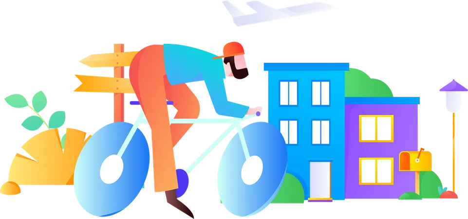 Hombre andando en bicicleta cerca de su casa  Ilustración