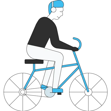 Hombre andando en bicicleta mientras usa auriculares  Ilustración