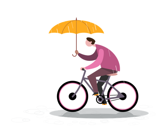 Hombre andando en bicicleta durante la temporada de lluvias  Ilustración