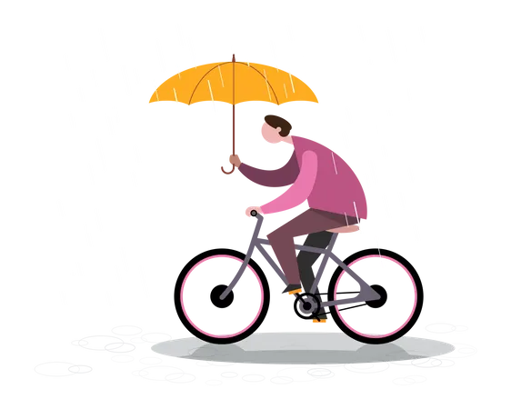 Hombre andando en bicicleta durante la temporada de lluvias  Ilustración