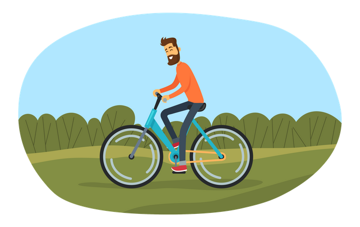 El hombre anda en bicicleta por un camino arenoso en el bosque  Ilustración