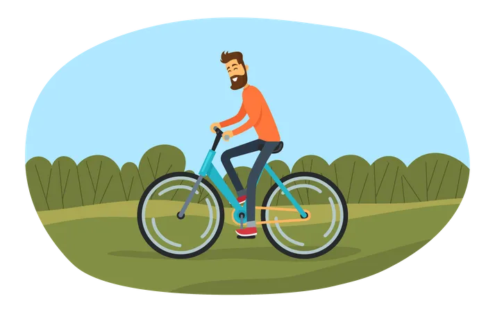 El hombre anda en bicicleta por un camino arenoso en el bosque  Ilustración