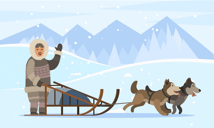 Hombre antiguo montando trineo con perros  Ilustración