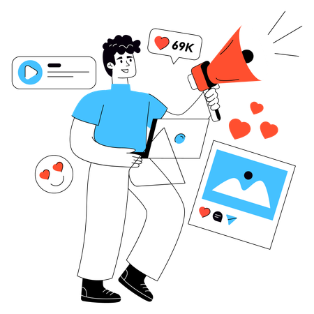 Hombre anuncia promoción en redes sociales  Ilustración