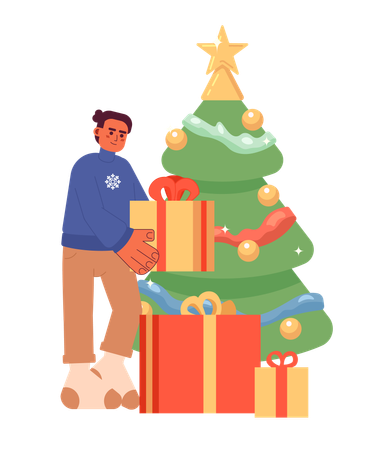 Hombre apilando regalos bajo el árbol de Navidad  Ilustración