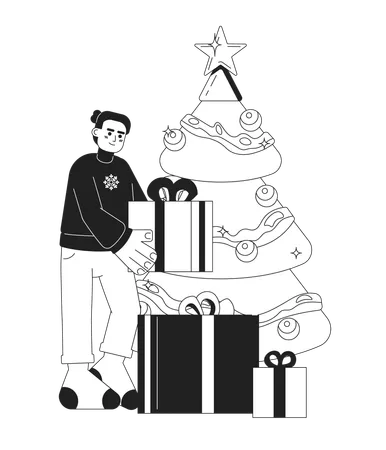 Hombre apilando regalos bajo el árbol de Navidad  Ilustración