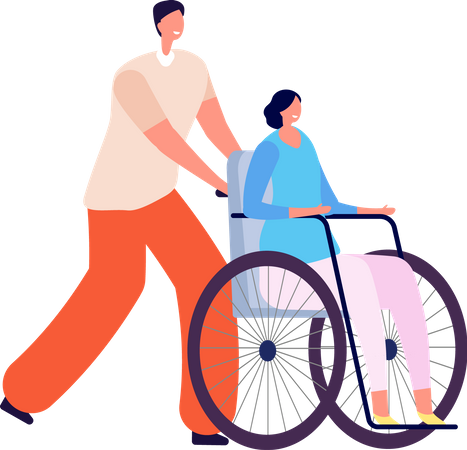 Hombre apoya a dama en silla de ruedas  Ilustración