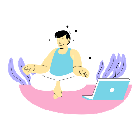 Hombre aprendiendo yoga usando en línea  Ilustración