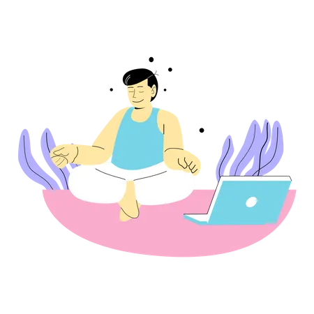Hombre aprendiendo yoga usando en línea  Ilustración