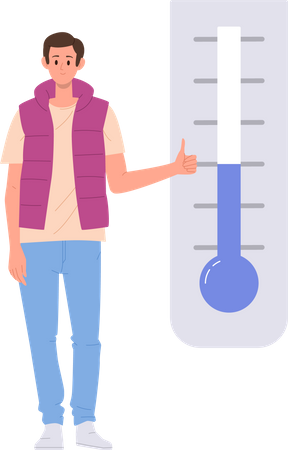 Joven gesticulando como aprobando condiciones de temperatura climática normal  Ilustración