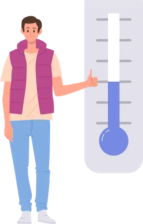 Joven gesticulando como aprobando condiciones de temperatura climática normal  Ilustración