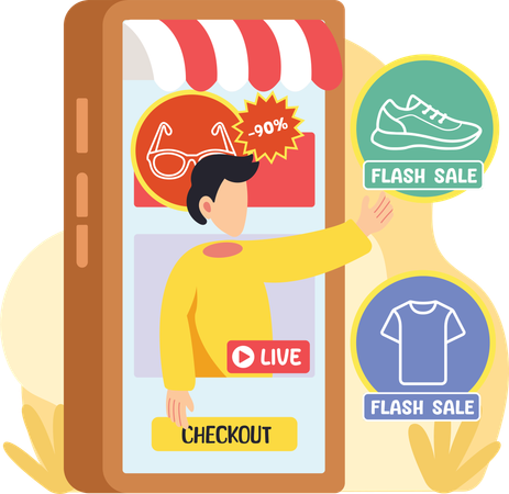 Hombre aprovecha evento de compras en línea de venta flash  Ilustración