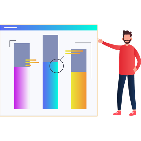 Hombre señalando las barras del gráfico  Ilustración