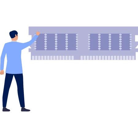 Hombre apuntando a un chip tecnológico de inteligencia artificial  Ilustración