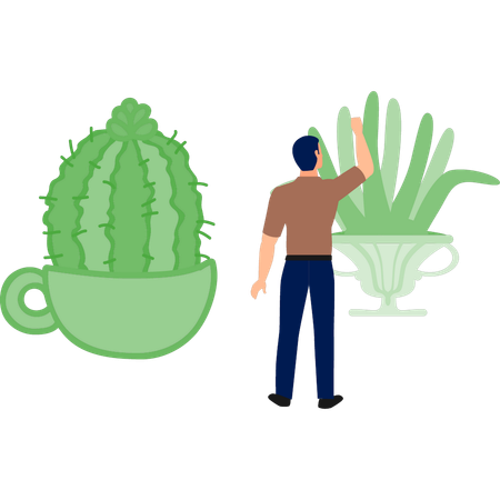 Hombre señalando una planta de taza  Ilustración