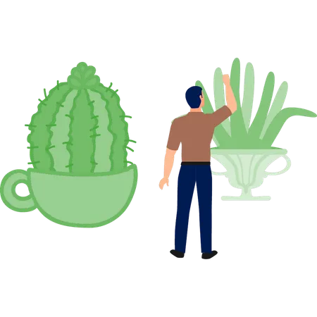 Hombre señalando una planta de taza  Ilustración