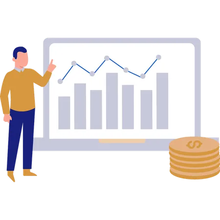 Hombre apuntando a varios gráficos en la computadora portátil  Ilustración