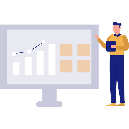 Hombre apuntando al gráfico de barras en el monitor  Ilustración