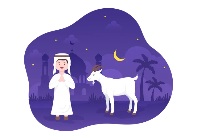 Ilustracion De Dibujos Animados De Fondo De Eid Al Adha Para La Celebracion De Los Musulmanes Con La Matanza De Un Animal Como Vaca Cabra O Camello Y Compartirlo Ilustración