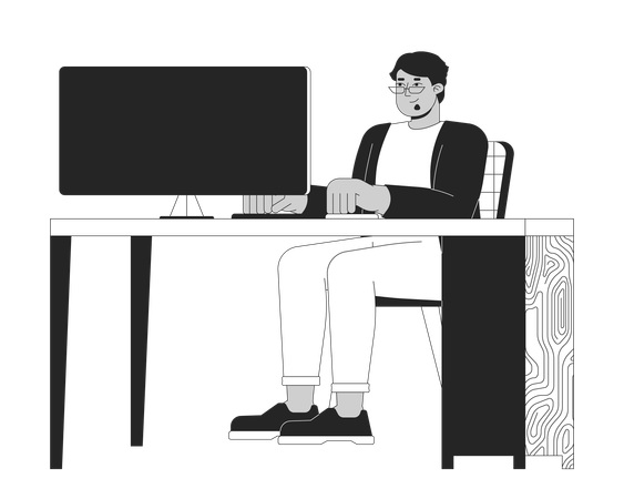 Hombre árabe de talla grande frente a la computadora  Ilustración