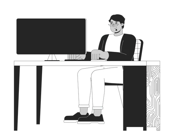 Hombre árabe de talla grande frente a la computadora  Ilustración