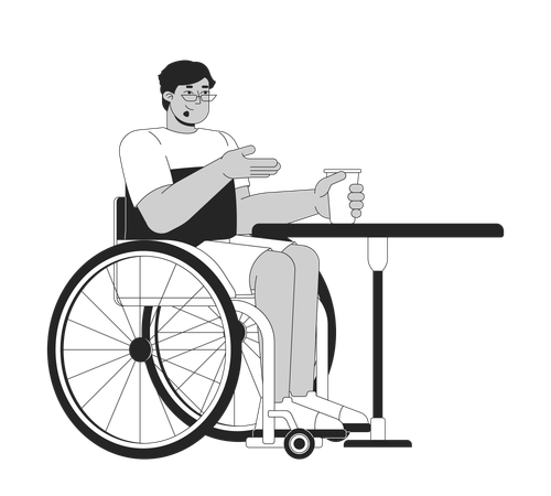 Hombre árabe discapacitado en la mesa del café  Ilustración