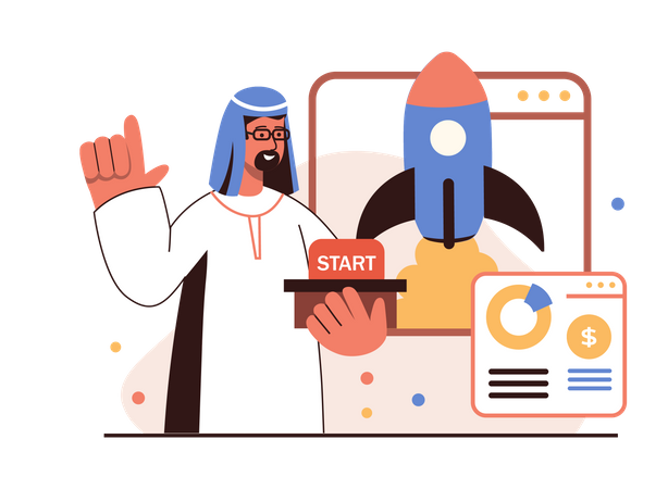 Hombre árabe lanzando una startup  Ilustración