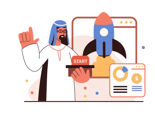 Hombre árabe lanzando una startup  Ilustración