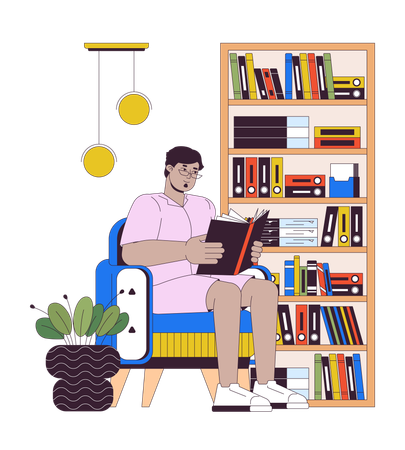 Hombre árabe obeso leyendo un libro en casa  Ilustración