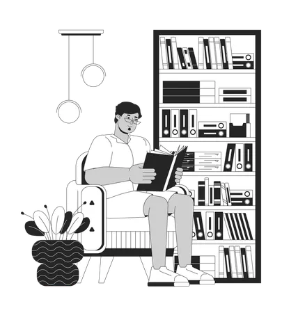 Hombre árabe obeso leyendo un libro en casa  Ilustración