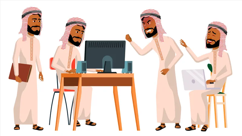 Hombre árabe oficinista trabajando en el escritorio en la oficina  Ilustración