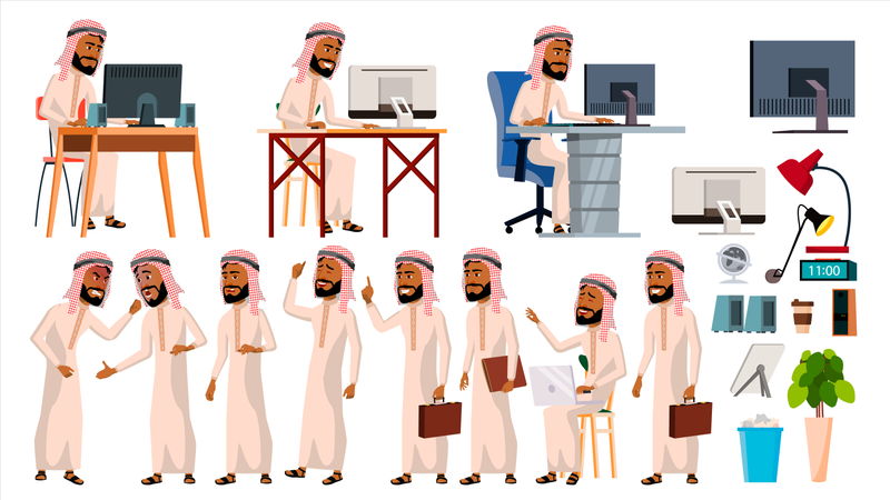 Hombre árabe oficinista trabajando en la oficina  Ilustración