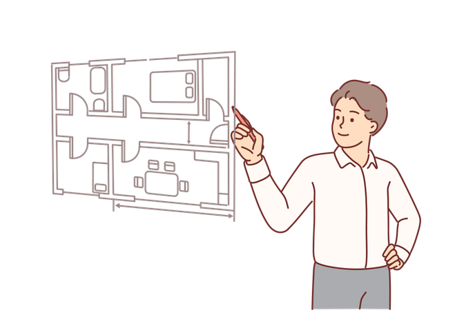 El hombre arquitecto dibuja el plano de la habitación del apartamento en la pantalla virtual  Ilustración