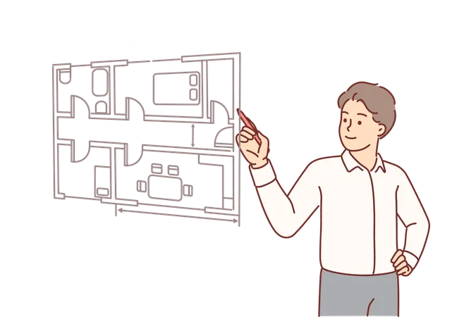 El hombre arquitecto dibuja el plano de la habitación del apartamento en la pantalla virtual  Ilustración