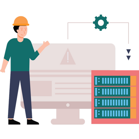 Hombre arreglando el error del servidor  Ilustración