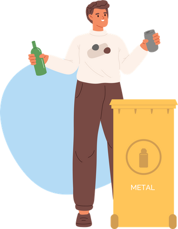 Hombre arrojando residuos metálicos clasificados en un contenedor de basura  Ilustración