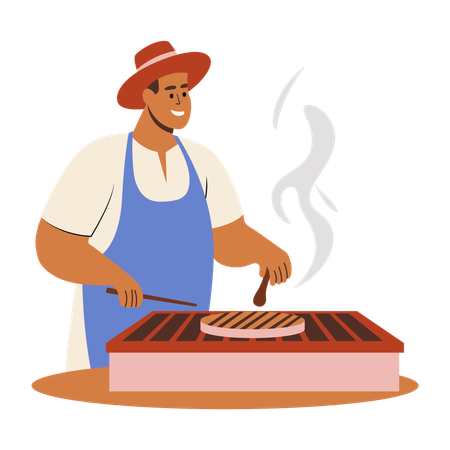 Hombre asando un filete en una barbacoa  Ilustración