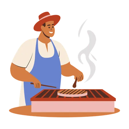 Hombre asando un filete en una barbacoa  Ilustración