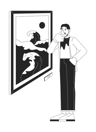 Hombre asiático mirando pintura japonesa  Ilustración
