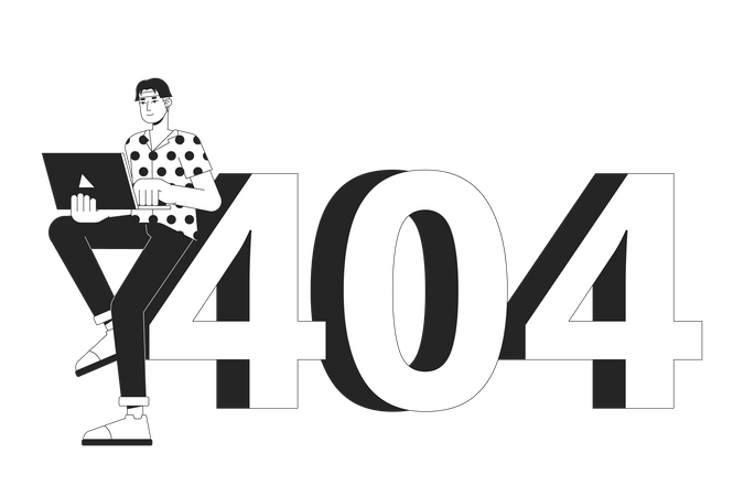 Hombre asiático ocupado trabajando en el error 404 de una computadora portátil  Ilustración