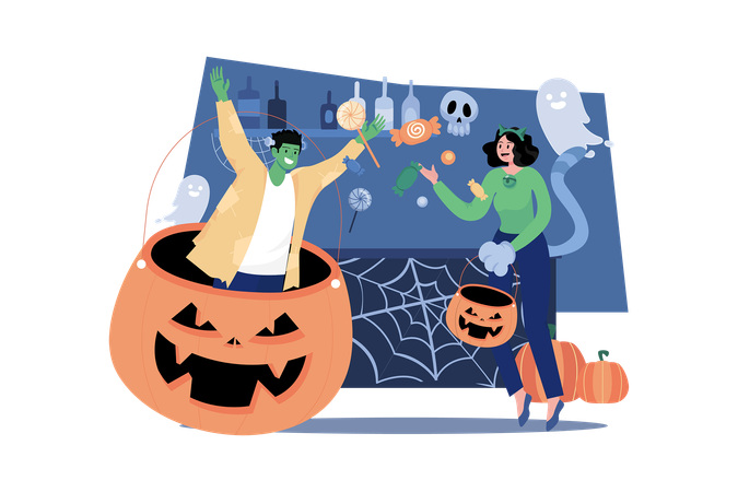 Hombre asustando a niña en halloween  Ilustración