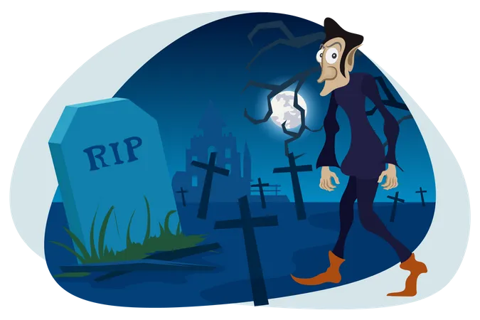 Hombre aterrador caminando en el cementerio  Ilustración