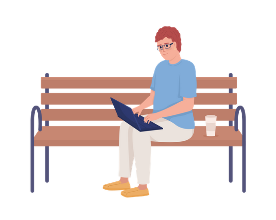Trabajador independiente masculino con computadora portátil sentado en un banco  Ilustración