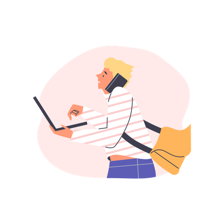 Hombre autónomo trabajando en marcha mientras camina  Ilustración